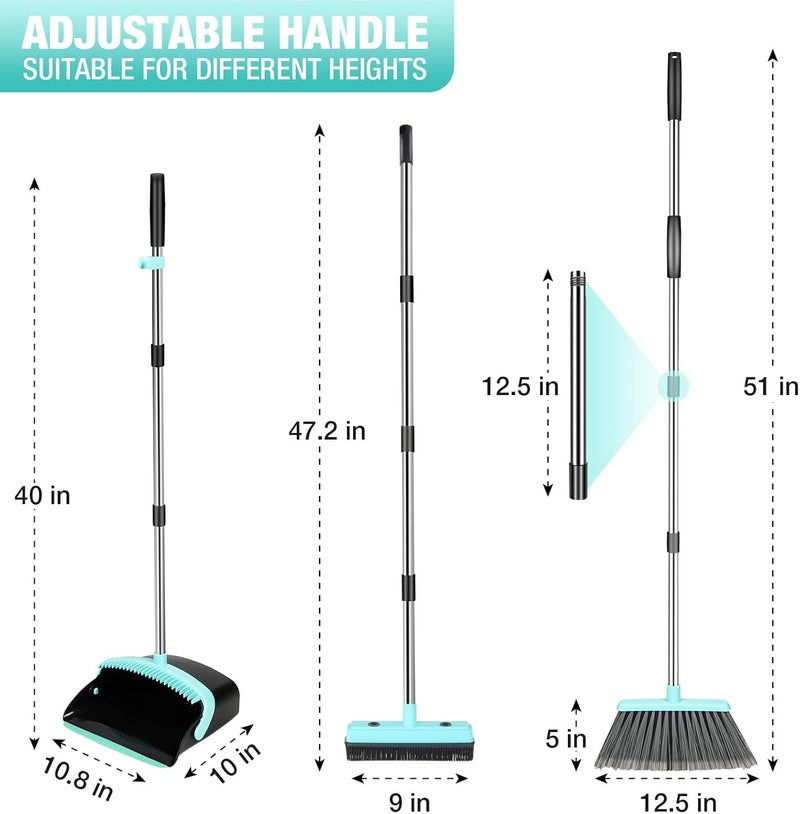 borinlan Broom with Dustpan Combo Set,Pet Hair Rubber Broom with Carpet Rake and Squeegee,Long Handle Broom with Upright Standing Dustpan for Indoor Cleaning (Broom and Rubber Broom) - Image 2